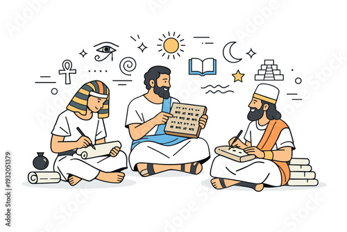 Ancient civilizations knowledge and writing. Scholars or scribes working with scrolls, tablets, or symbols, sharing knowledge calmly. Focused learning mood
