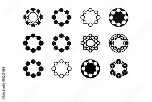Blockchain. Icon set. Set Logo of Blockchain: distributed nodes circle. harmonious logo variations of the same emblematic concept, each with different artistic