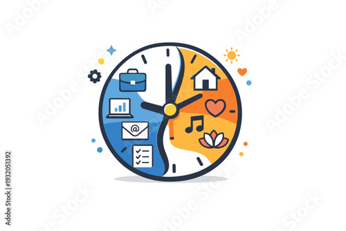 Work life integration represented by a clock with work icons on one side and personal symbols on the other, meeting smoothly in the center. The scene