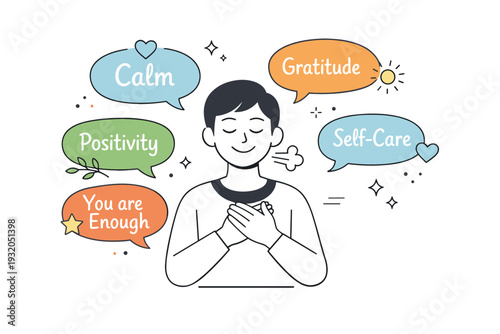 Mindful thoughts. An editorial illustration of a person calmly breathing while positive words appear in soft speech bubbles, peaceful and supportive mood.