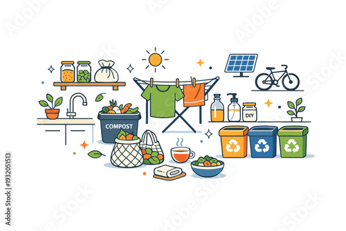 Low waste systems integrated into modern households with simple sustainable routines. A calm editorial scene expressing order, mindfulness and