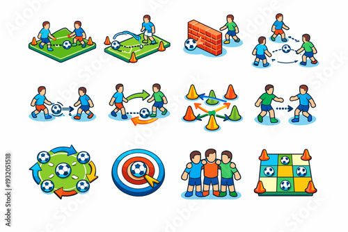 Passing Drills. Colorful isometric vector icons set of Passing Drills: short pass drill, long pass drill, wall pass, triangle passing, one touch pass, give and