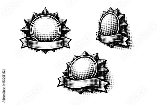 Dotted halftone emblem seal An emblem-style badge seal with central symbol area presented in front view, side view, and three-quarter perspective as three