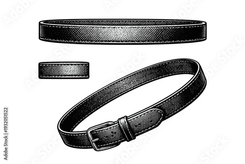 Belt leather strap A realistic leather belt strap with visible texture and edge finishing shown in three views: flat front view, side thickness view, and