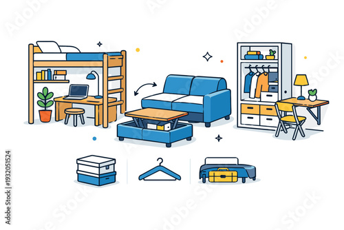 Home decoration ideas for small spaces illustrated by compact furniture and storage elements working together, conveying smart use of space and functionality.