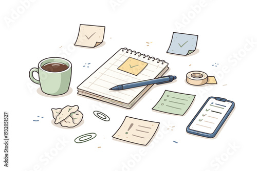 Traces of human presence. A desk surface shows scattered notes, a pen left uncapped, and slight disorder, suggesting interrupted activity. The atmosphere feels