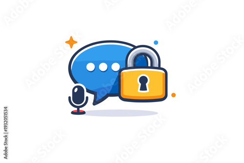 Source protection concept illustrated by a speech bubble partially covered by a protective lock, with a small microphone icon nearby to emphasize confidential