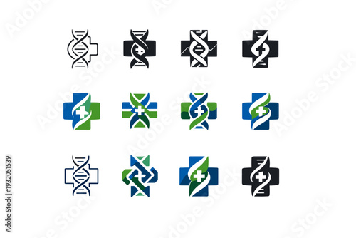Innovations in biotechnology for healthcare. Icon set. Set Logo of innovations in biotechnology for healthcare: DNA helix with medical cross. harmonious logo