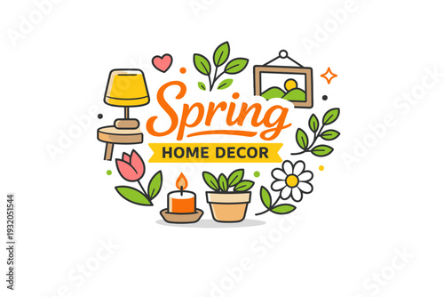 Spring home decor a friendly decor badge featuring flowers, leaves, and subtle interior symbols combined into a balanced composition, expressing fresh style