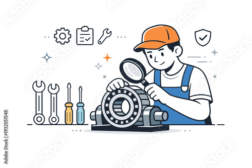 Industrial maintenance task. A mechanic inspects a machine component with simple tools laid out neatly nearby. The scene reflects care, expertise,
