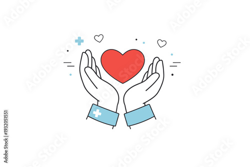 Caring hands. Nurse?s hands gently holding a heart icon, symbol of support and healing. Soft editorial metaphor with minimal visual noise. Minimalist flat