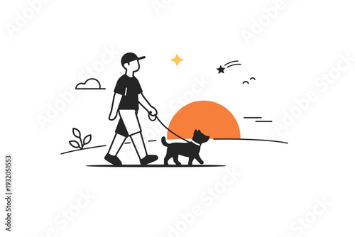 Walking dogs in summer evenings. Abstract evening walk scene with a person, dog silhouette, and setting sun. Minimal details and open space emphasize quiet