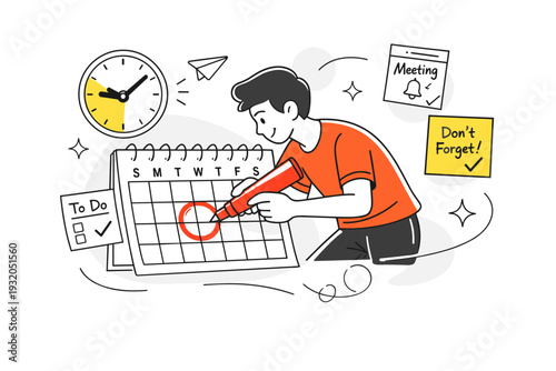 Marking a Calendar. A person circling an important date with a bold red marker, small reminder notes floating around, clock icon ticking softly nearby. The