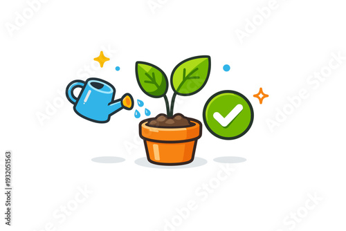 Plant care routine visualized by a tidy plant set with a small watering can and checkmark, representing attention consistency and healthy indoor growth.