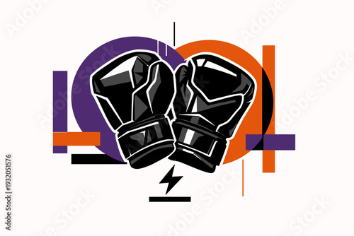 Black-and-white advanced boxing gloves with sharp angular silhouette, outlined in white and layered over bold circular frames in deep purple and orange,
