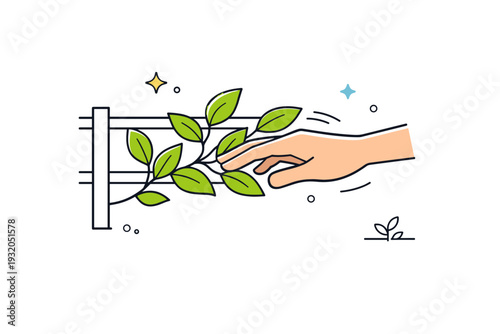 Hands touching new leaves. A hand brushing past leaves growing through a fence or railing, motion suggested gently. Brief contact and everyday connection with