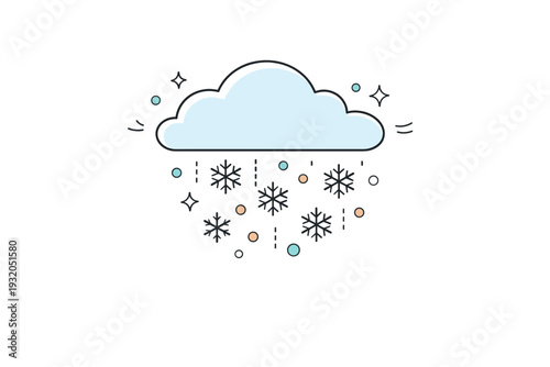 Snowy weather condition. A soft editorial scene with a cloud and falling snowflakes, expressing quiet winter calm and stillness. Gentle repetition, rounded
