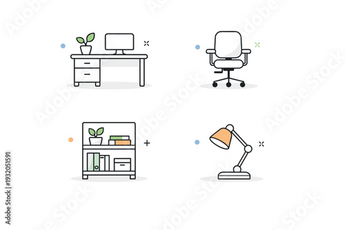 Workspace furniture icons. Desk, chair, bookshelf, table lamp illustrated as compact modern icons. The mood feels productive, tidy, and contemporary.