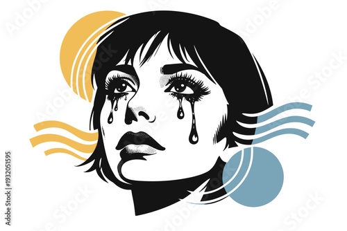 Stylized black and white female face cropped tightly, tears falling, expressive eyes, white outline cut-out style, emotion visualized through abstract linear