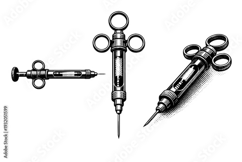 Dental syringe displayed as a single instrument in side view, front view, and three-quarter perspective highlighting barrel, plunger, and needle attachment
