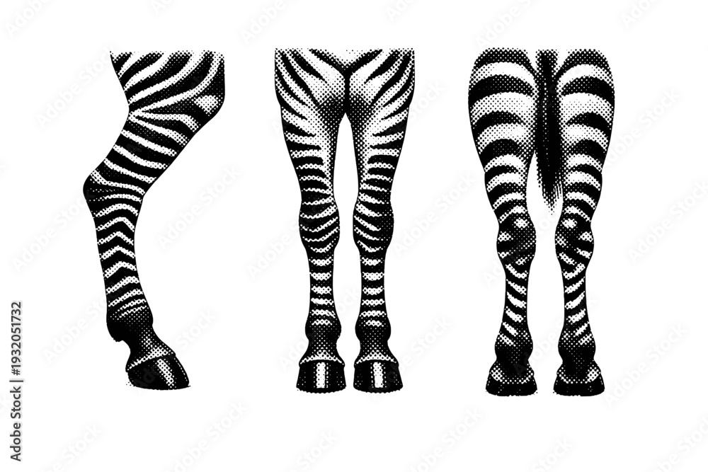 Fototapeta premium Plains zebra legs A realistic set of plains zebra legs shown as one object in three different orientations highlighting joints, hooves, and striped pattern