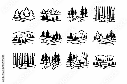 Foggy Forest. Line icon set of Foggy Forest: pine trees silhouettes, fog between trees, forest path, depth layers, tall trunks, mist drift, quiet woods, early
