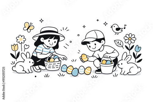 Easter. A joyful scene of children collecting colorful eggs in a garden, with soft bunnies and floral elements around. The atmosphere is light, festive, and