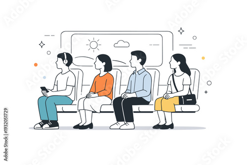 Parallel presence without interaction. Passengers sitting together during a peaceful commute, looking forward or out the window. Shared journey, emotional