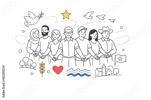 Nation identity. Diverse people standing together forming a subtle flag shape, hands connected in unity. Calm confidence and shared values expressed through