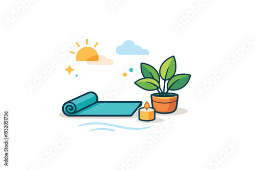Wellness retreat vibes centered on calm escape with a small scene of a yoga mat, indoor plant, and soft sunlight accents, conveying balance and inner peace. A