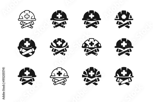 Search and rescue. Icon set. Set Logo of Search and rescue: rescue team helmet emblem. harmonious logo variations of the same emblematic concept, each with
