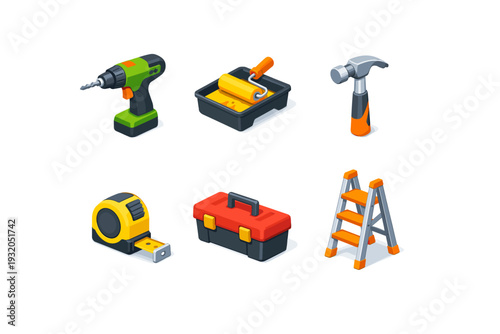 Home renovation. Isometric flat vector icons set of Home renovation: electric drill, paint roller with tray, construction hammer, measuring tape, toolbox,