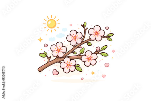 Spring aesthetic soft seasonal mood built around a blooming branch and gentle sunlight, with small petals and rounded shapes creating a calm and uplifting