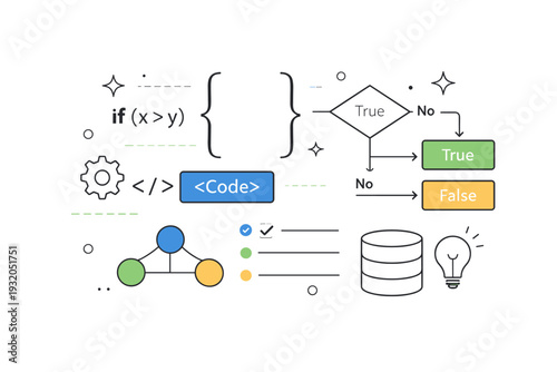 Programming concepts visualization. A tidy editorial scene with code brackets, symbols, and simple diagrams arranged harmoniously, expressing logic and