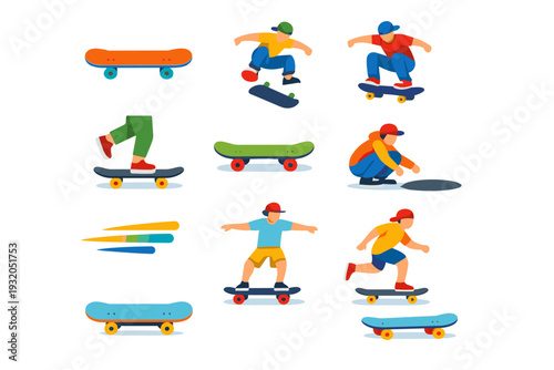 Skateboarding. Colorful flat vector icons set of Skateboarding: skateboard deck, skateboard wheels, kickflip trick, ollie jump, skater silhouette, pushing foot