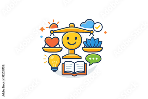 Mental health symbols captured as a compact visual badge with balance and smile elements, evoking optimism, support, and everyday mental wellness practices.