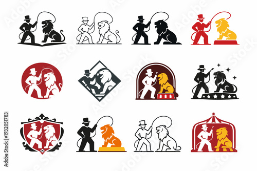 circus performance. Icon set. Set Logo of circus performance: lion tamer whip. harmonious logo variations of the same emblematic concept, each with different