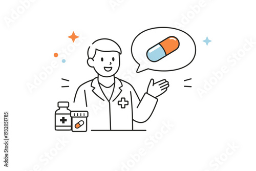 Pharmacist consultation. Minimal icon scene with a pharmacist figure and a speech bubble containing a pill symbol, representing guidance and patient