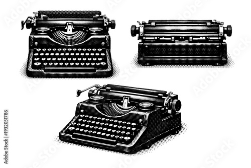 Typewriter. A classic mechanical typewriter depicted as a single object presented in three different views showing keyboard layout, carriage structure, and