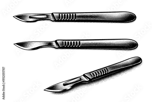 Veterinary scalpel tool shown as a single object in top view, side profile, and angled perspective emphasizing blade shape and textured handle detail. Black