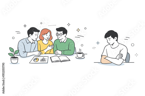 Emotional withdrawal in office life. A team meeting scene where one participant is slightly turned inward, not engaging with shared documents on the table.