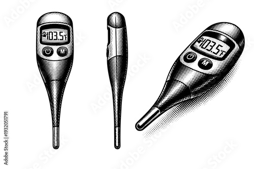 Veterinary thermometer device displayed as a single object in front view, side view, and angled perspective emphasizing probe tip and digital body proportions.