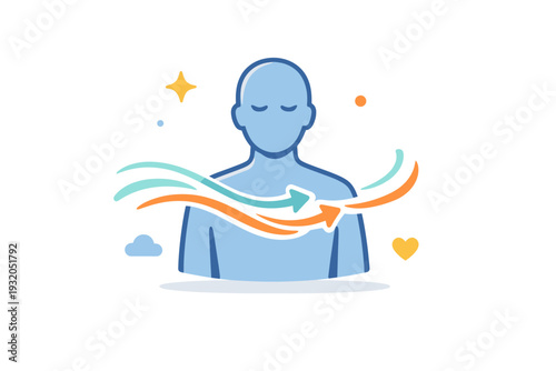 Breathing exercises illustrated through a calm human silhouette with gentle air flow lines around the chest, conveying relaxation focus and steady rhythm of