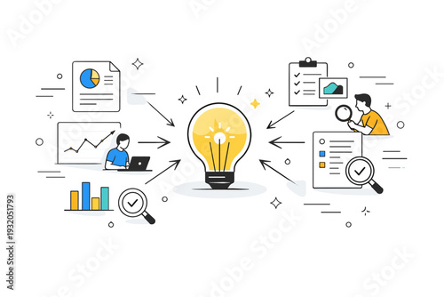 From data to insight. Simplified charts and research fragments converging toward a central idea, symbolizing analysis and understanding. Clean editorial