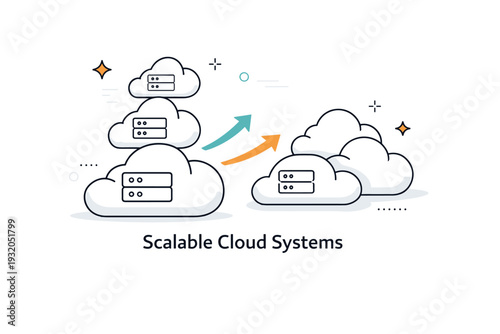 Scalable cloud systems. Cloud blocks stacking and expanding with arrows, visual metaphor of growth and flexibility. Confident, future-ready infrastructure
