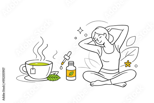 Natural Healing Rituals. Minimal spa scene with herbal tea cup, essential oil bottle, and relaxed figure stretching lightly, abstract steam lines rising