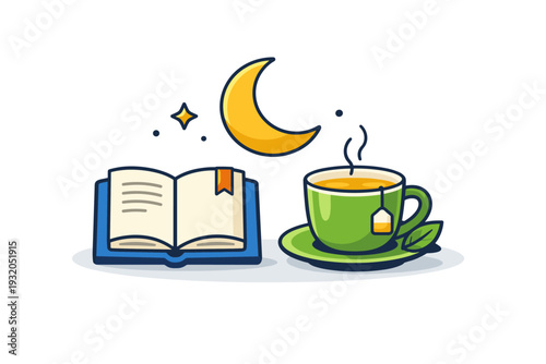 Sleep hygiene shown through a bedtime ritual with a book herbal tea cup and crescent moon arranged in a balanced visual metaphor. The scene communicates