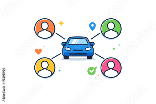 Car sharing concept centered on a single shared vehicle connected to multiple user icons, conveying access over ownership and a modern approach to urban