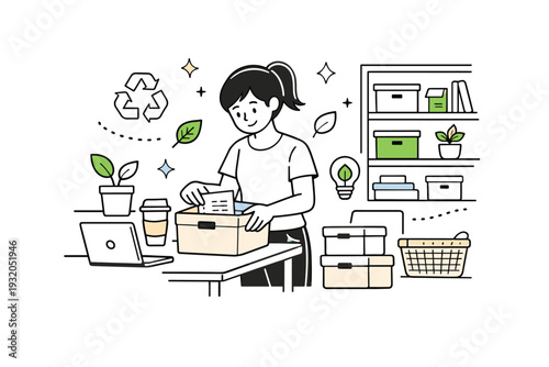 sustainable office organizing. An employee tidying desks and shelves using reusable containers, abstract floating stars and leaves highlighting eco-friendly