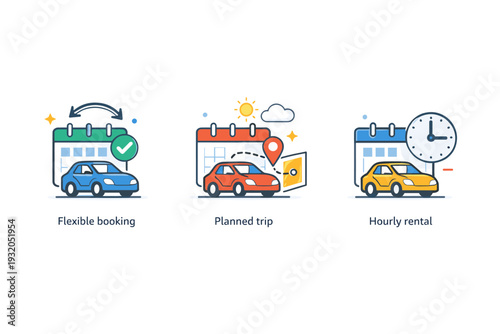 Car rental icons illustrated by a car and calendar combination, conveying flexible booking, planned trips, and time based vehicle access. Minimalist flat
